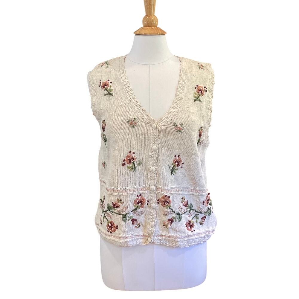 Vintage Carolyn Taylor Ivory Floral Embroidered Beaded Vest, Cottagecore, M